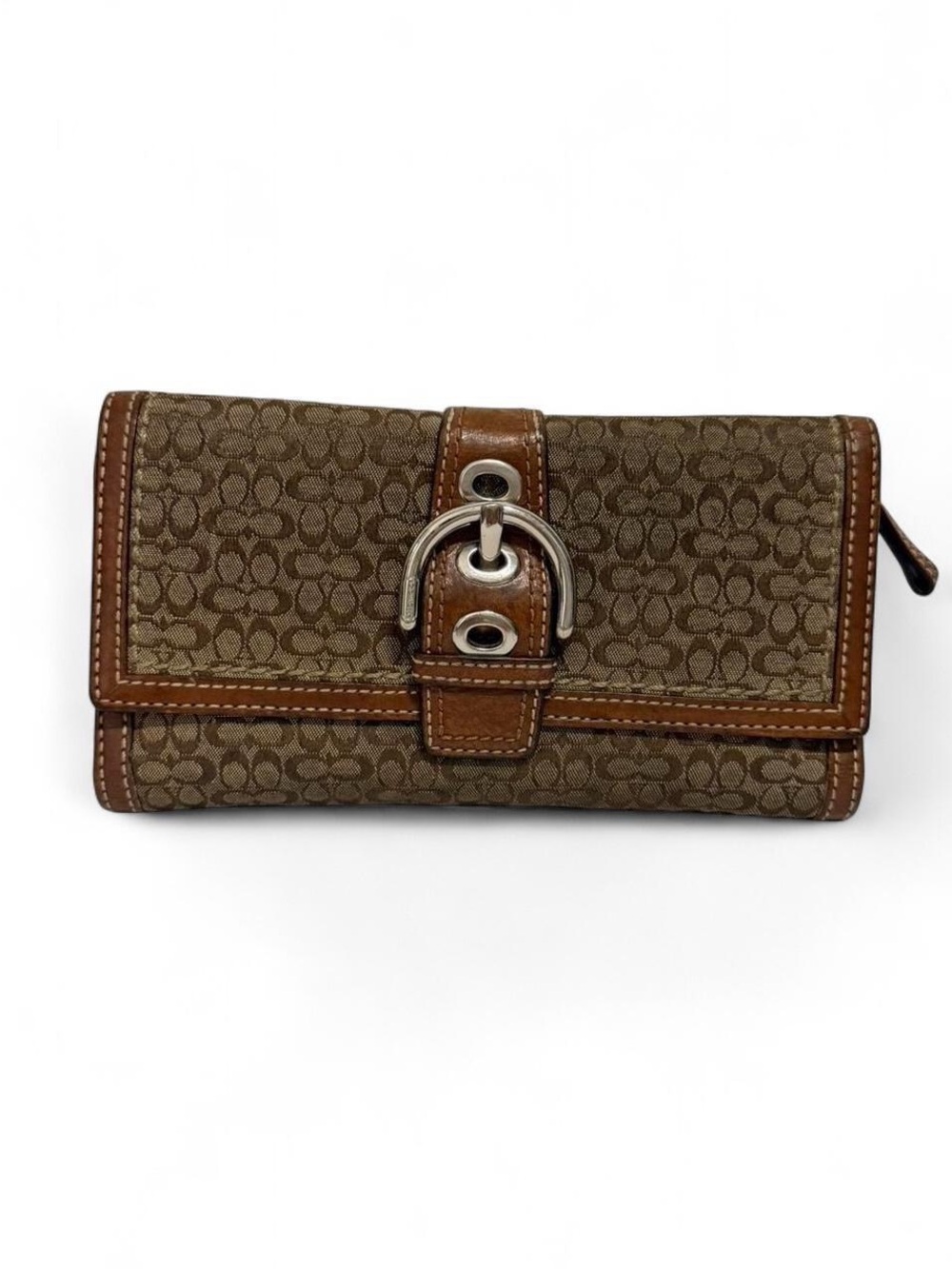 Coach Brown Signature Canvas Wallet with Tan Leather Trim